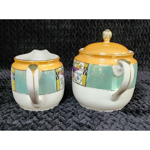 Japanese Hand-Painted Lusterware Cream & Sugar Set – Art Deco Motif (1921–1941) - Picture 5 of 16